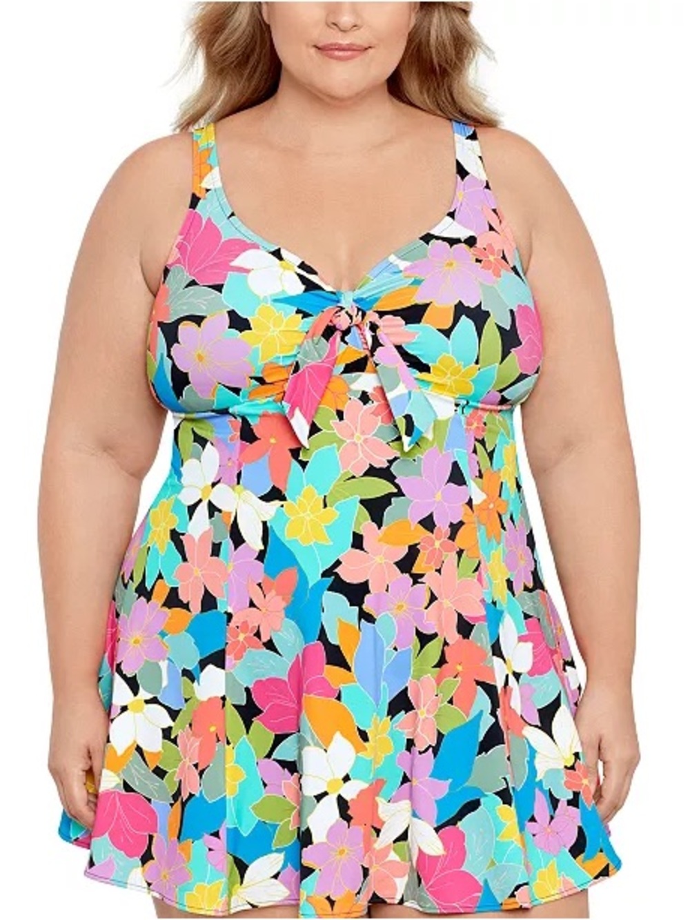 Swim Solutions Plus Size Tummy Control Bow-Front Printed Swimdress Floral